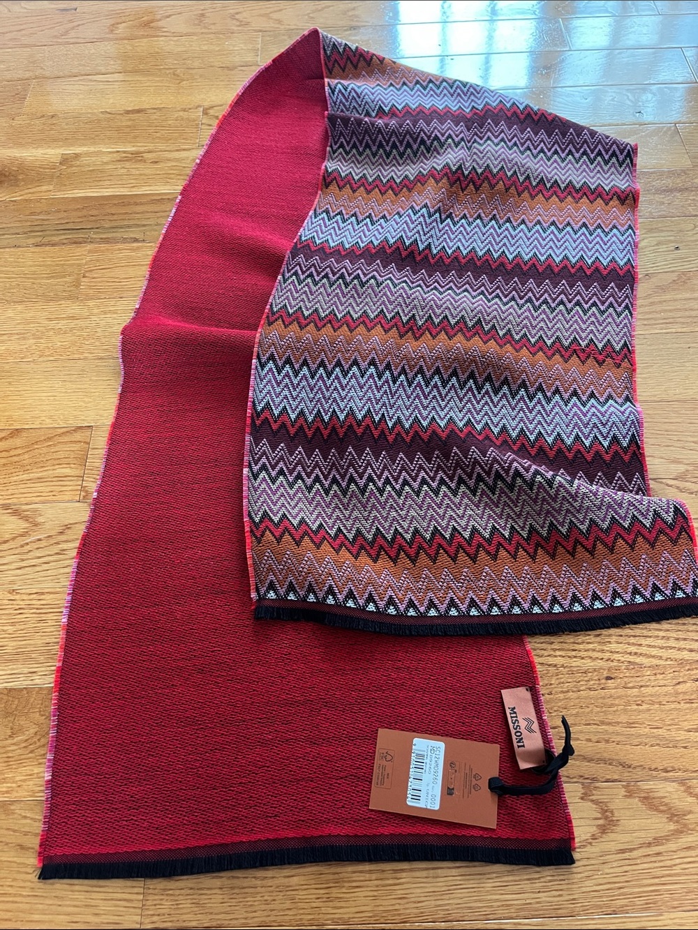 Missoni Multicolor Zigzag Knit Scarf with Red Reverse